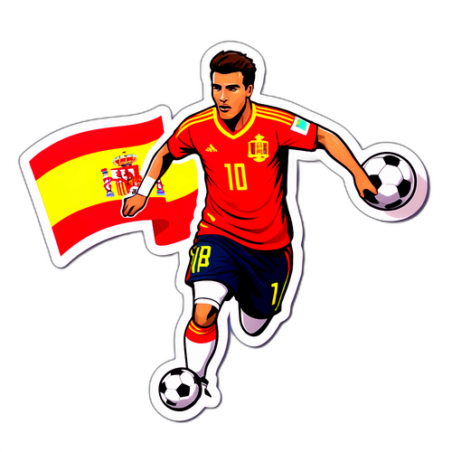Sticker van een voetballer in actie met de vlag van Spanje op de achtergrond
