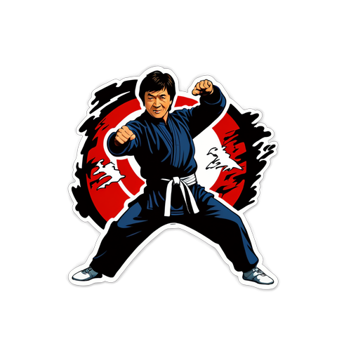 Sticker de Jackie Chan en un fondo de película de artes marciales