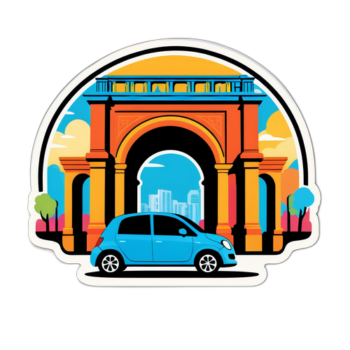 Веселая машина на фоне яркого арочного моста