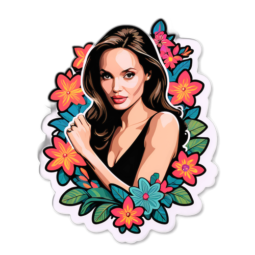 Autocollant d'Angelina Jolie en pose iconique entourée de motifs floraux