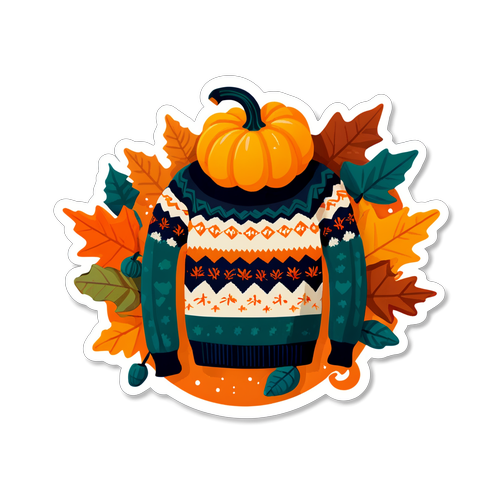 Cozy Autumn Sticker with Pumpkins, Leaves, and Sweater