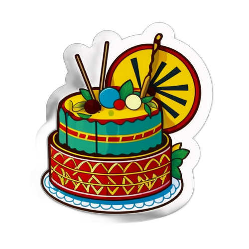 Sticker Bánh Sinh Nhật Kết Hợp Nhạc Cụ Truyền Thống Việt Nam