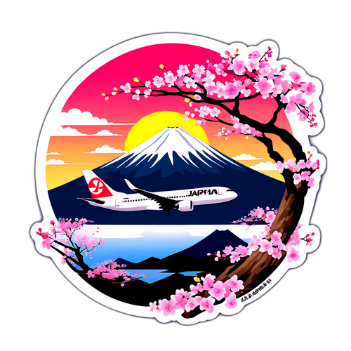 Pesawat Japan Airlines dengan Pemandangan Mt. Fuji dan Bunga Sakura
