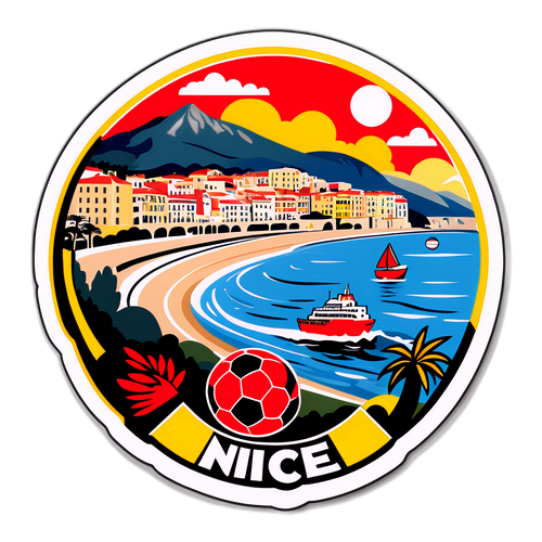 O reprezentare pitorească a Nisei cu malul mării și o minge de fotbal, simbolizând meciul Nice vs Benfica