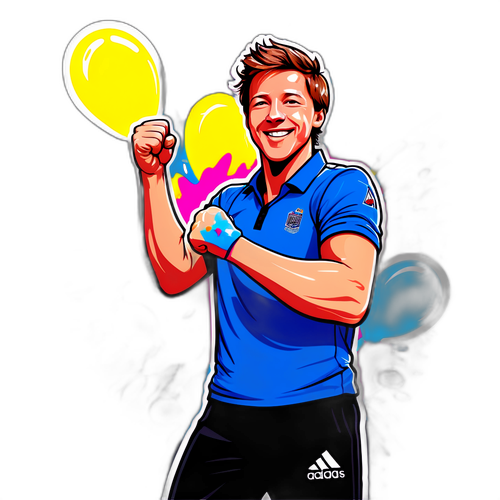 Artystyczna reprezentacja Jacka Lisowskiego z celebracyjnym gestem po zwycięskim strzale