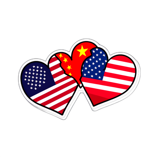 Стикер с двумя флагами - США и Китая, соединёнными сердцем, с текстом "Союз ради мира."