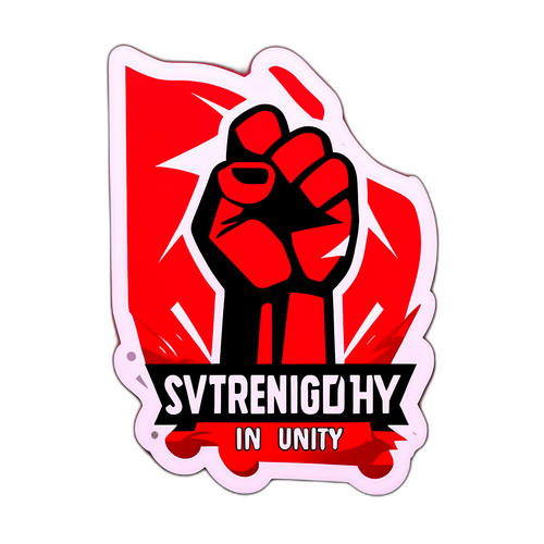Дизайн наклейки с Володыем на фоне красного флага, минималистичный стиль, текст "Сила в Единстве."