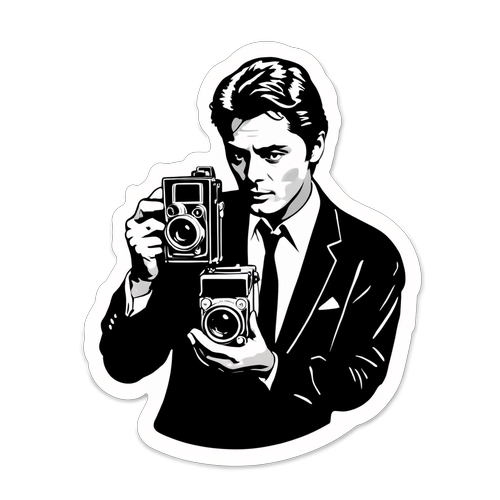 De Tijdloze Charme van Alain Delon: Ontdek Onze Exclusieve Sticker met de Legendarische Acteur en zijn Filmcamera!