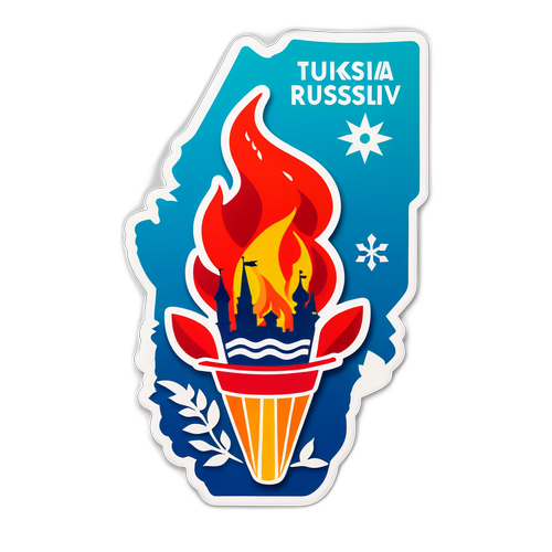 Tulikivi Venäjä-teemainen tarra, jossa on tulikuvio ja Venäjän kartta