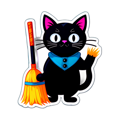 Dibujo de un gato negro con una escoba