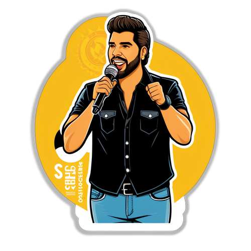 Ilustração de Gusttavo Lima no palco com um microfone