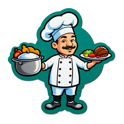 Diseño de sticker con un chef y una cena, representando "Cocina y Fútbol"