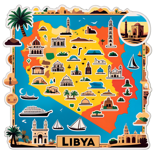 Detaljerad karta över Libya med kulturella ikoner