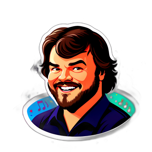 Fröhliches Bild von Jack Black mit bunten Noten und Sternen