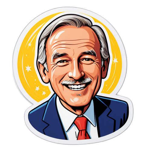 Sticker van William Leymergie die het nieuws presenteert met een vrolijke achtergrond