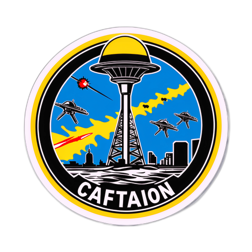 Наклейка с военной тематикой и радарами, изображающая вторжение, с текстом 'Внимание, вторжение!'