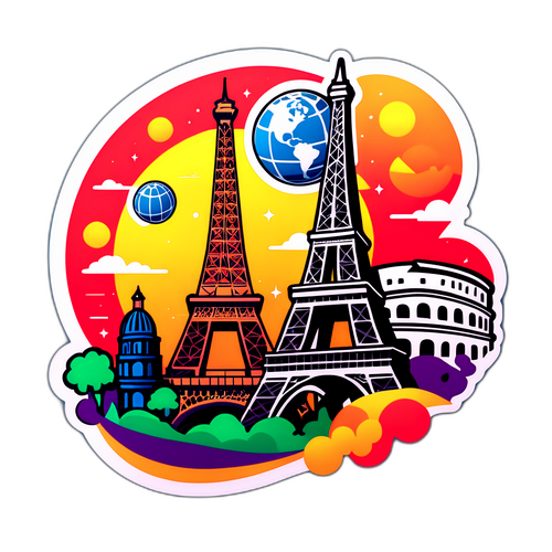 Sticker mit einem kreativen Motiv des Balls, der durch weltberühmte Monumente fliegt