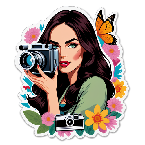 Stílusos illusztráció Megan Fox-szal vintage fényképezőgéppel