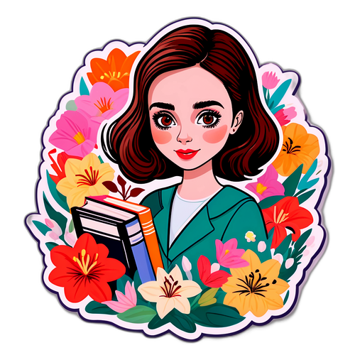 En lekfull illustration av Lily Collins med blomstrande blommor och böcker