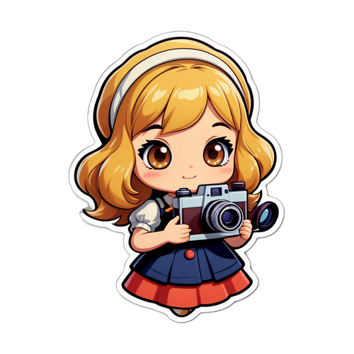 Retro sticker van een schattig cartoonafbeelding van Isabelle Ithurburu met een camera