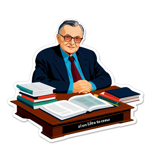 Ilustrație a unui birou plin de cărți și documente cu o poză a lui Ion Iliescu pe birou. Text: 'O viață dedicată țării'.