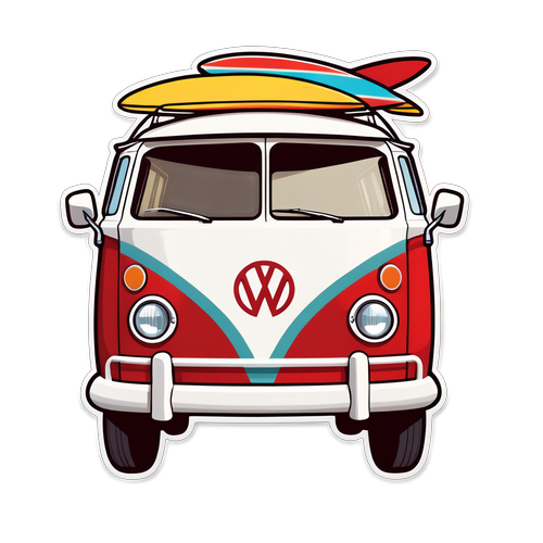 Classic Red and White Camper Van with Surfboards Sticker