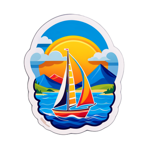 Яскрава наклейка з вітрильником на фоні пейзажу