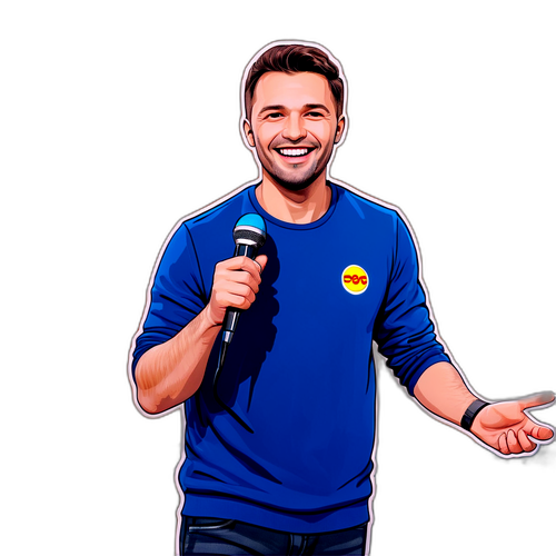 Radu Miruță zâmbind în fața unui studio de radio