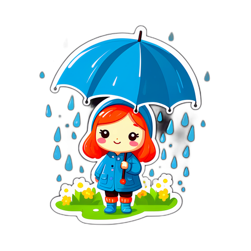 春の雨の中、傘を持つかわいいキャラクターのイラスト