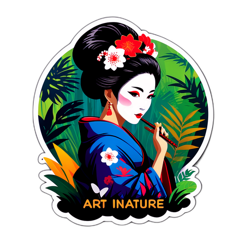 Стильный силуэт гейши в джунглях с текстом "Искусство, скрытое в природе"