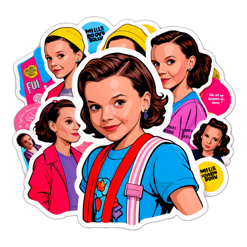 Naklejki z Millie Bobby Brown w różnych kolorowych strojach