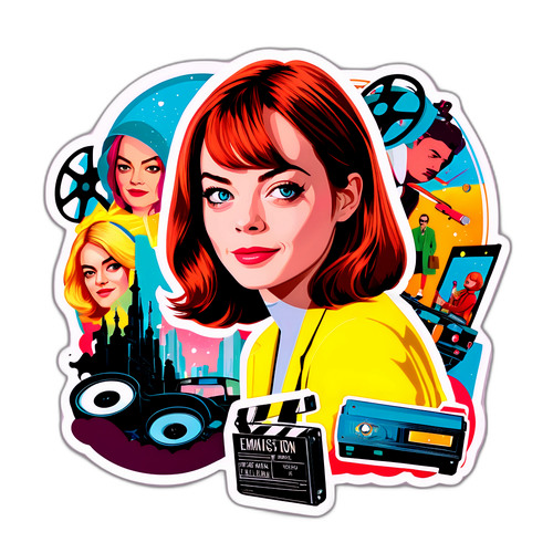 Farverig fremstilling af Emma Stone med ikoniske film-elementer