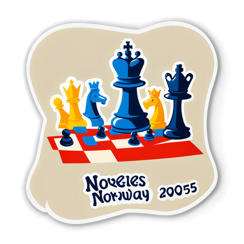 En fantasifull klistremerke av et sjakkbrett med karakterer for Norge Sjakk 2025