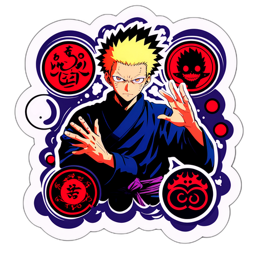 마법 원과 주술회전 캐릭터의 조화스러운 스티커 디자인