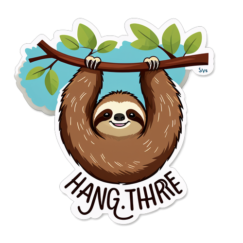Sloth Hanging from a Tree Branch with 'Hang in There' Text