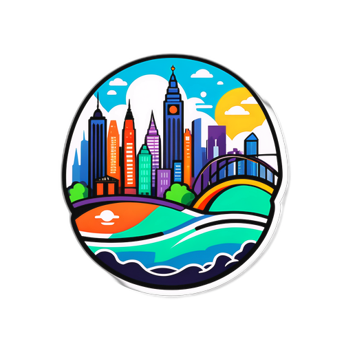 Дизайн наліпки з анімованим стилізованим символом, що поєднує елементи всіх представлених міст