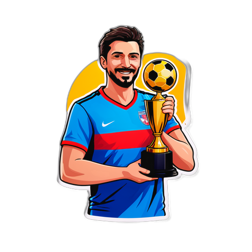Sticker cu Ianis Stoica în postura de sărbătoare, ținând un trofeu de fotbal