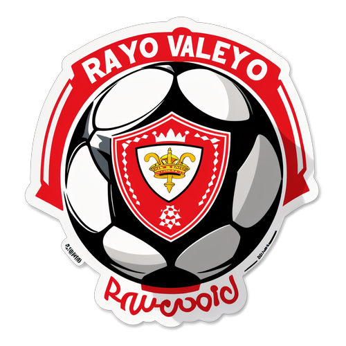 Sticker z kolorami drużyny Rayo Vallecano z ilustracją piłki nożnej i hasłem 'Vamos Rayo!'