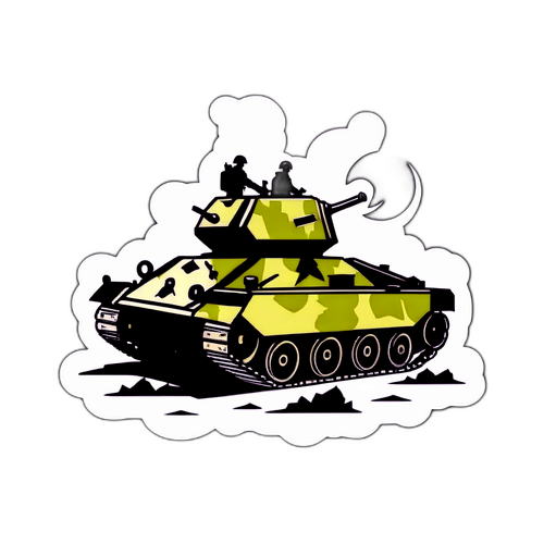 Sticker que representa la Primera Guerra Mundial, con un tanque y soldados en un fondo vintage y sombrío