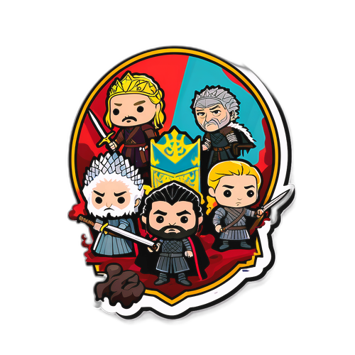 Наклейка с персонажами из Игр Престолов, изображающая комические сцены борьбы за трон