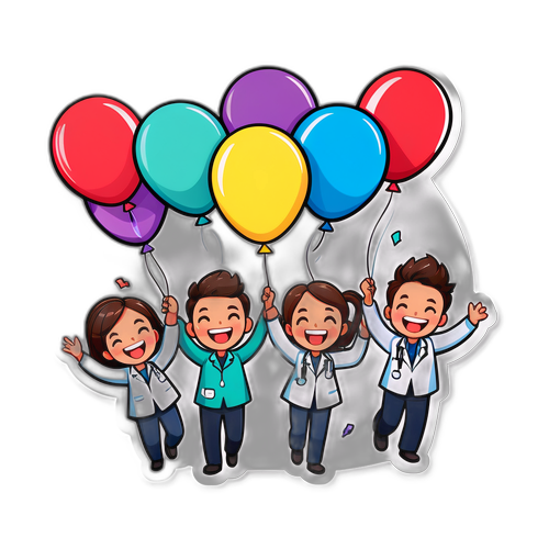 Isang kartun na sticker ng mga dentista na nagdiriwang sa makulay na mga lobo matapos makapasa sa kanilang lisensya