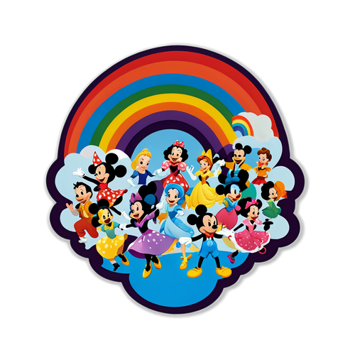 Sticker z postaciami Disney tańczącymi pod tęczą