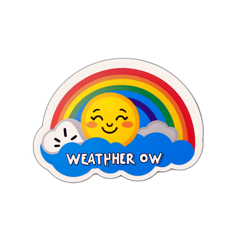 Een sticker van een vriendelijke zon tussen wolken en een regenboog met de tekst 'Weer van Morgen'