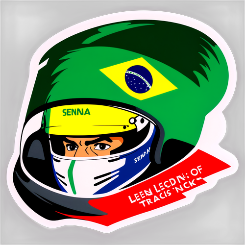 Ilustração de Ayrton Senna com a frase "Lenda das pistas!"