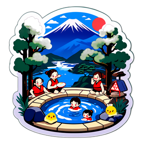美しい箱根の温泉を楽しむキャラクターのステッカー