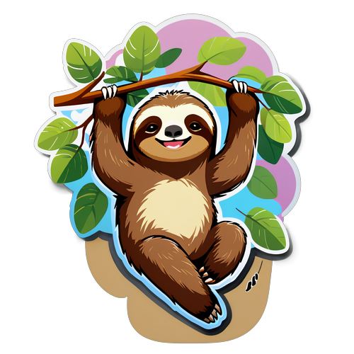 Smiling Sloth Hanging from a Branch