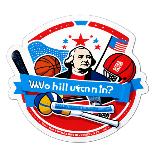 Наклейка с символическим изображением Вашингтона и Колумба окруженных спортивным инвентарем с подписью 'Прогноз матча: кто победит?'