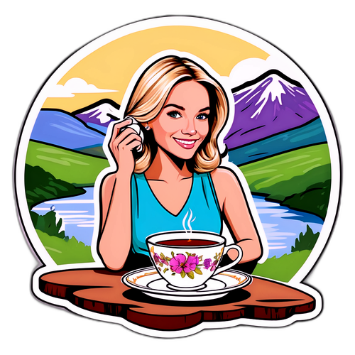 Smuk skitse af Caroline Fleming med en tekop i et smukt landskab