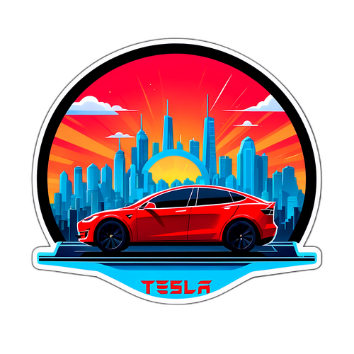 Moderni Tesla-osake tarra futuristisella kaupunkihorisontilla