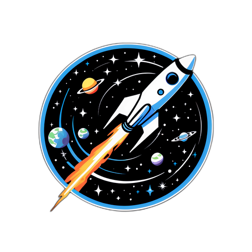 Стикер, посвященный Starlink: космический спутник, пронзающий звездное небо с мощной сетью связи